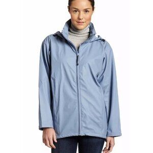 Helly Hansen Voss Rain Long Jacket Womens XL Blue Faux Leather Hoodie Outdoor